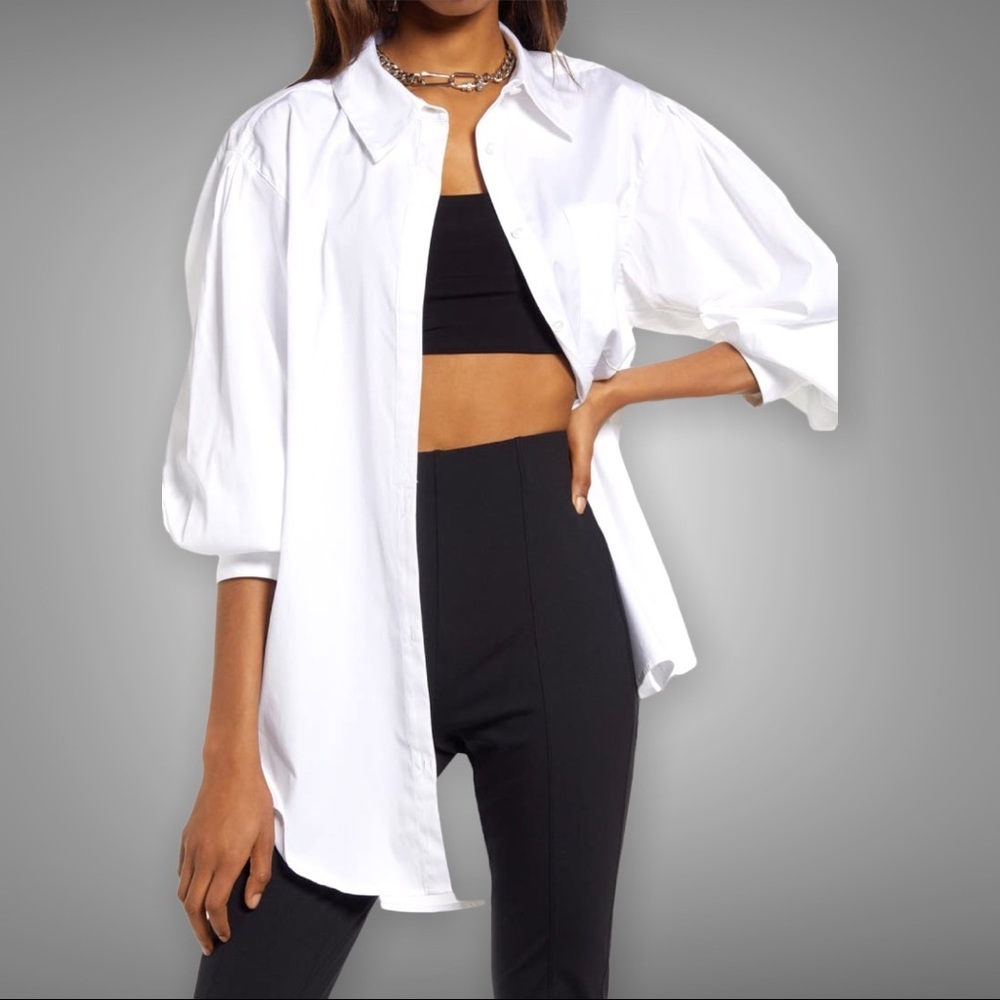 Classic White Button-Down Shirt with Balloon Sleeves